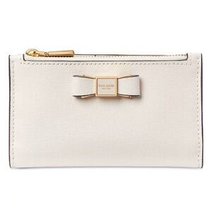 Kate Spade Morgan Bow Embellished Ivory Saffiano Leather Sm Slim Bifold Wallet